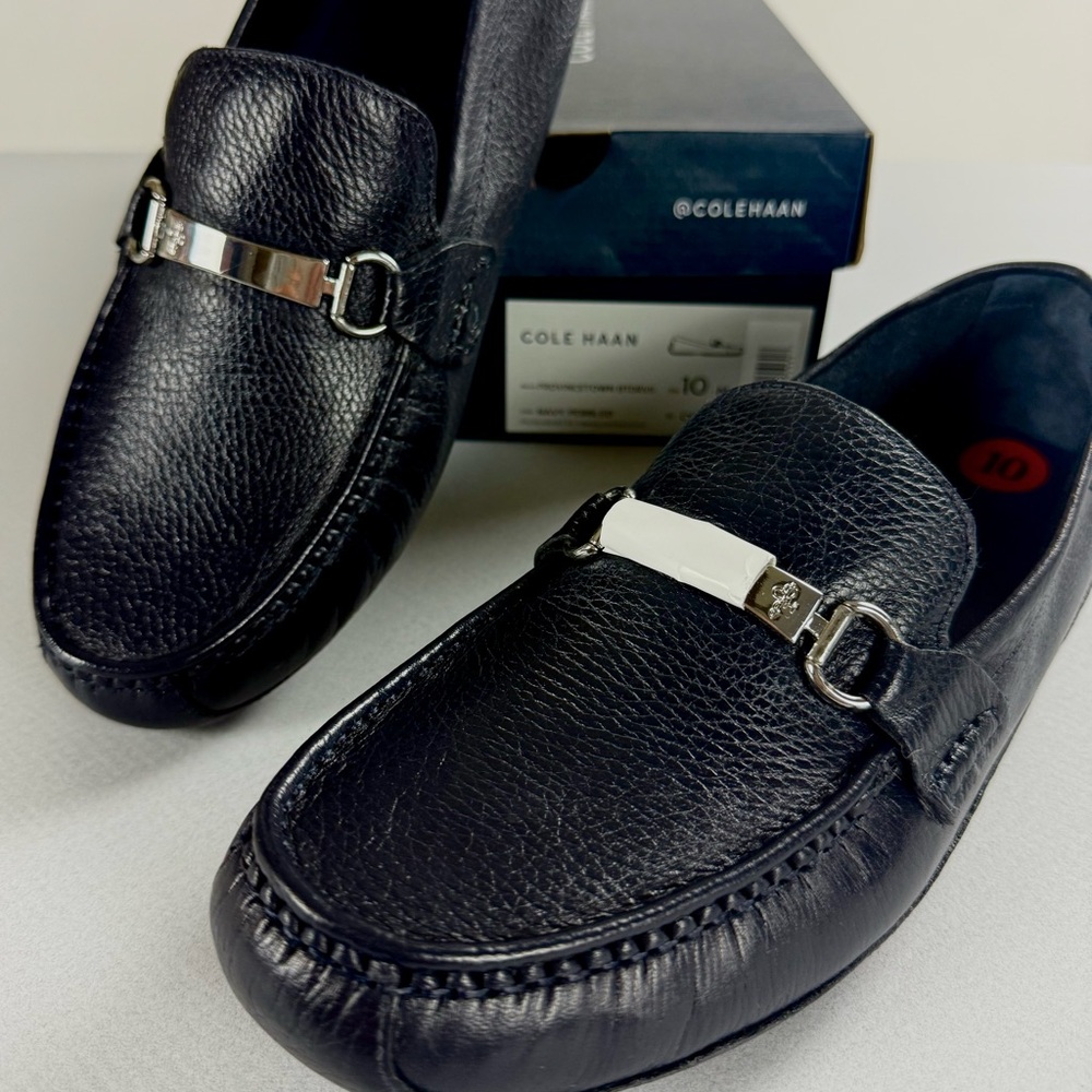 Men's Cole Haan Provincetown Story Navy Leather Slip-On Loafers Silver Accent 10